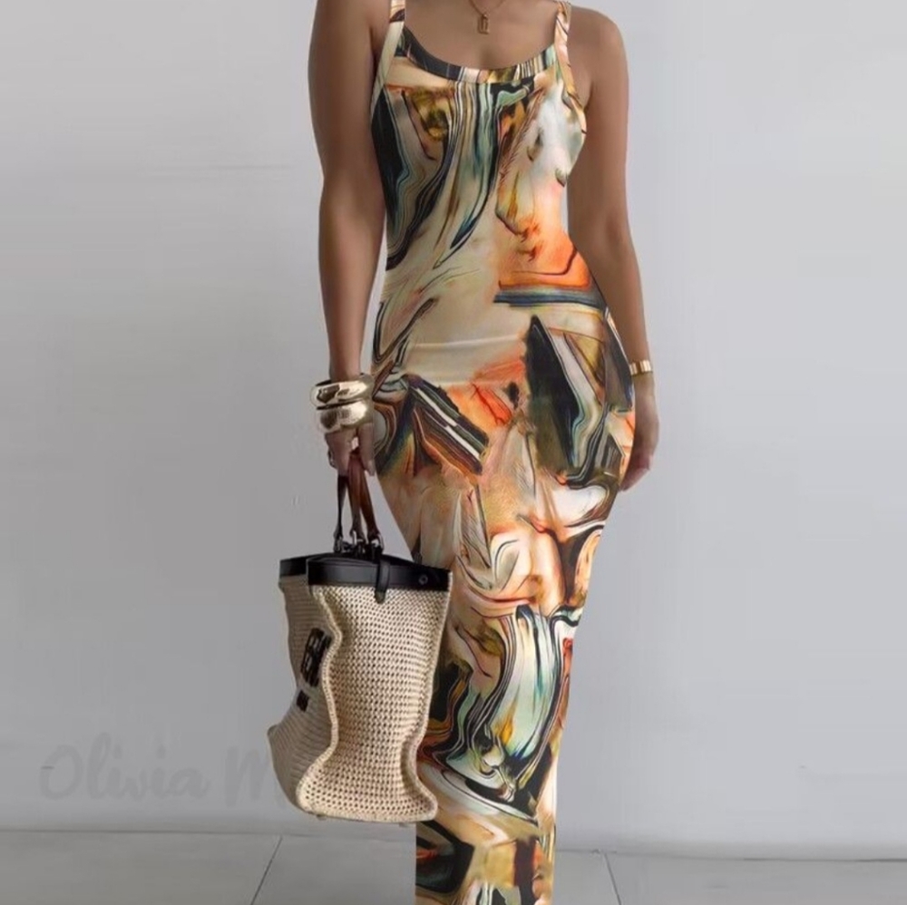 Marble Print Sleeveless Maxi dress